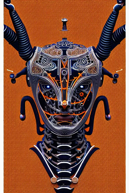 Prompt: a centered uncut fullbody frontview portrait of a robotic minotaur headed biomechanical creature by clogtwo and subjekt zero feat paul lewin and ø - cult. intricate detailed sharp clean textured very ornated. indian style tapestry design. hd. 4 k. lowbrow color palette