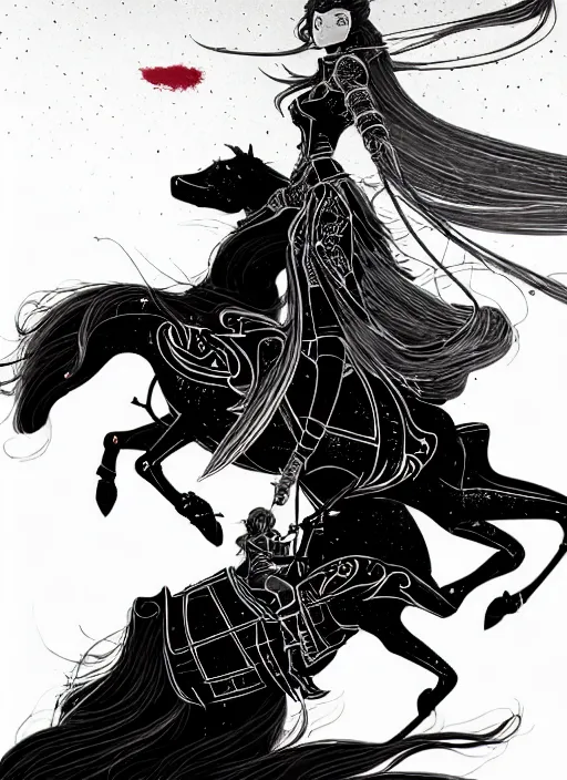 Prompt: highly detailed portrait of lady oscar riding a horse by james gilleard, by kaethe butcher, by greg rutkowski, by konstantin yuon, 4 k resolution, nier : automata inspired, bravely default inspired, vibrant but dreary but upflifting red, black and white color scheme!!! ( ( space nebula background ) )