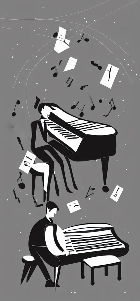 Prompt: fine line vector illustration of a very tiny white line pianist, empty black background, no detail, simple art,