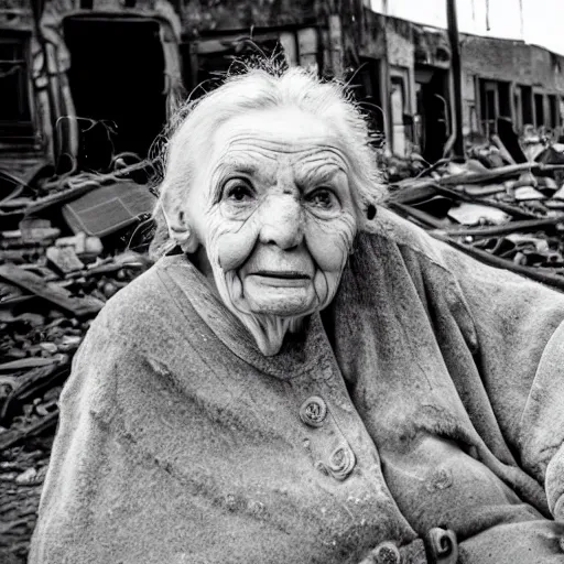 Prompt: realistic black and white old photo of a giant very old woman on destroyed city, full body, short dof, extremely cute, large head, hyper realistic, minutely detailed
