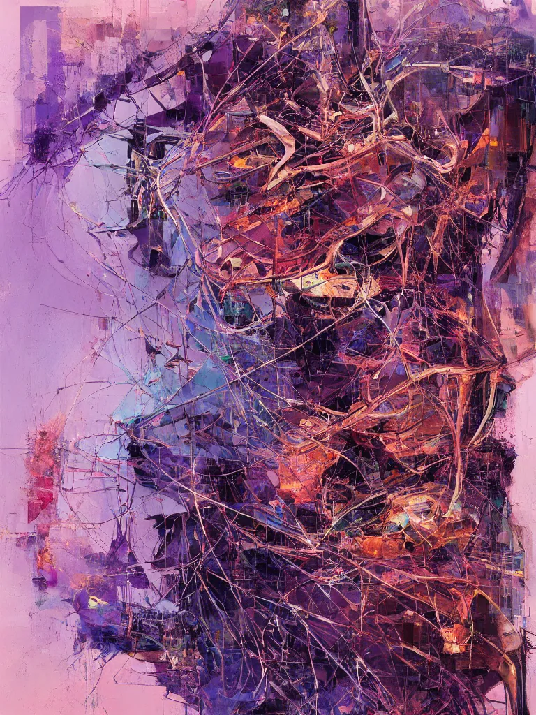 Image similar to a beautiful glitched abstract geometric painting by robert proch and robert heindel of an anatomy study of a mechanical nervous system on spinal structure, color bleeding, pixel sorting, copper oxide and rust materials, brushstrokes by jeremy mann, cold top lighting, pastel purple background