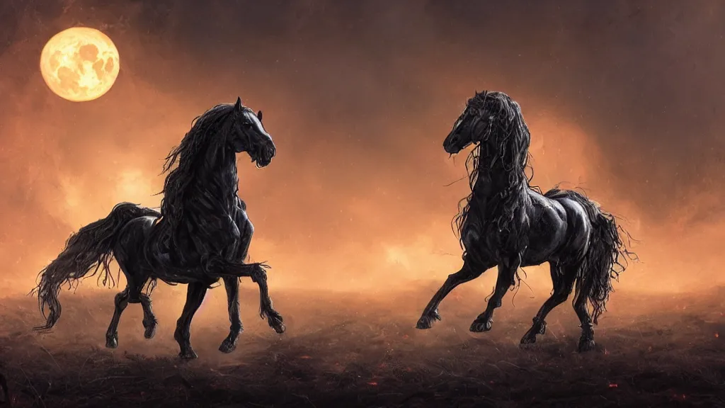 Image similar to rampant black horse with fiery eyes a headless colonial rider!!!! holds a ( jack - o - lantern ), background gnarled trees and large supermoon, in the styles of greg rutkowski, keith parkinson, and john quidor, intricate, detailed, volumetric lighting