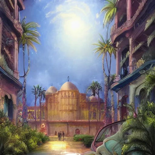 Image similar to a concept painting in the style of esao andrews of the khedival opera house in talaat harb square cairo with beautiful dramatic clouds, dappled lighting, lush landscaping, date palm trees, shrubs and flowers. esao andrews, trending on artstation