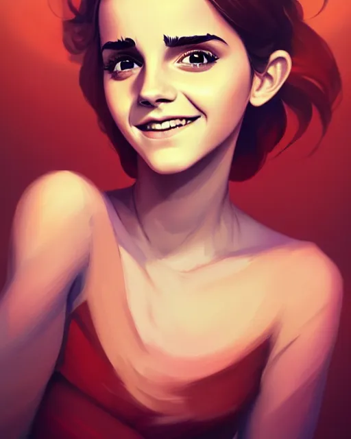 Image similar to a portrait of a beautiful full body Emma Watson smiling, pretty gold and red dress, art by lois van baarle and loish and ross tran and rossdraws and sam yang and samdoesarts and artgerm, digital art, highly detailed, intricate, sharp focus, Trending on Artstation HQ, deviantart, unreal engine 5, 4K UHD image