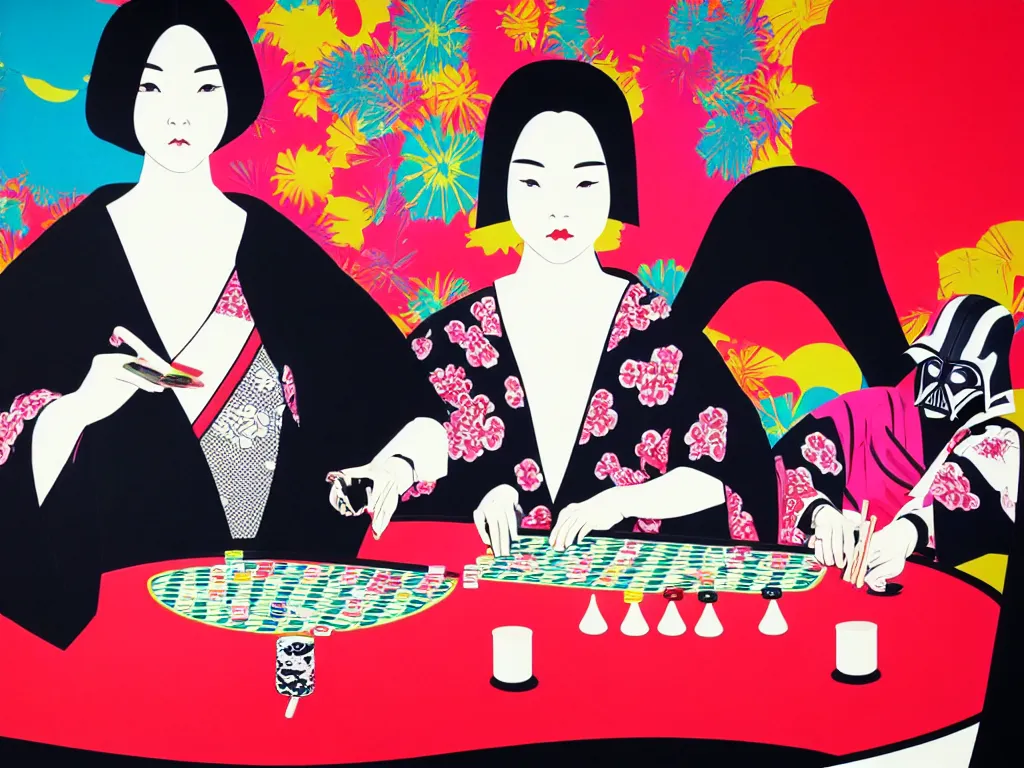 Image similar to hyperrealistic composition of the woman in a japanese kimono sitting at a poker table with darth vader, fireworks, mount fuji on the background, pop - art style, jacky tsai style, andy warhol style, acrylic on canvas