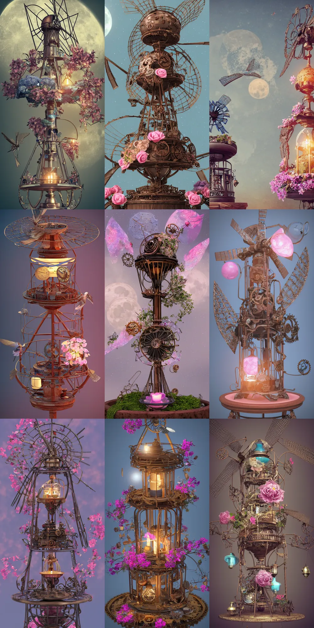 Prompt: steampunk windmill inside a marble, hourglass pink and blue bonsai, flower garden, intricate detail, hyper detailed, ultra realistic, sharp focus, octane render, parrot, lantern candle, butterfly, volumetric, ray tracing, artstation trending, moon,, cgsociety, sense of awe, swirling mist, 4 k