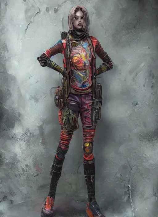 Image similar to detailed full body concept art illustration colorful oil painting of a dystopian female in full intricate clothing, ultra detailed, digital art, octane render, 4K, dystopian, micro details, hyper realistic