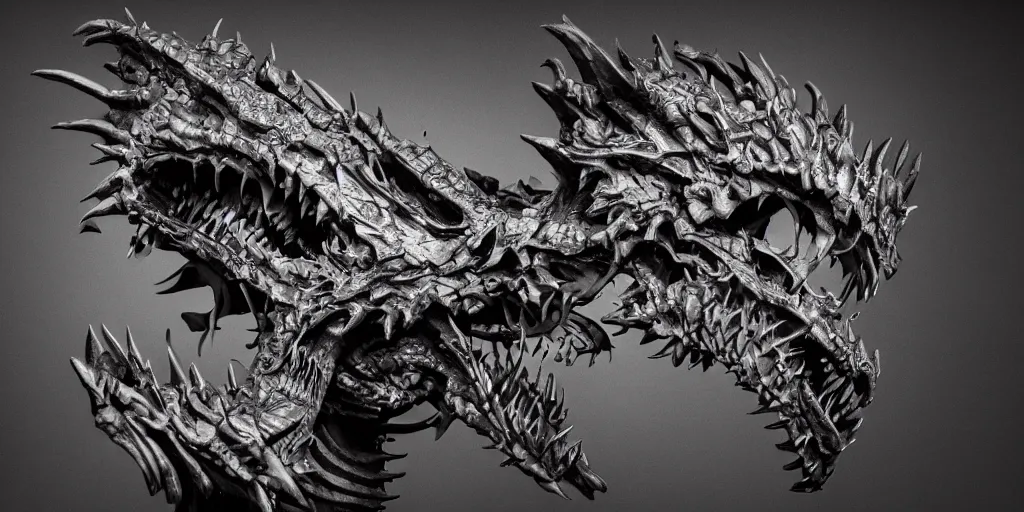 Prompt: dragon skeleton, studio photography, 4 k, black background, studio lighting, harsh lighting