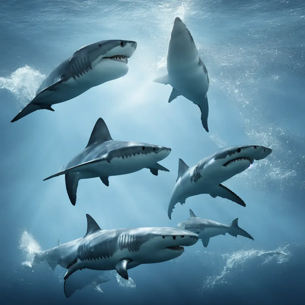 Image similar to great white sharks lurking in the deep ocean, volumetric lighting, sun rays