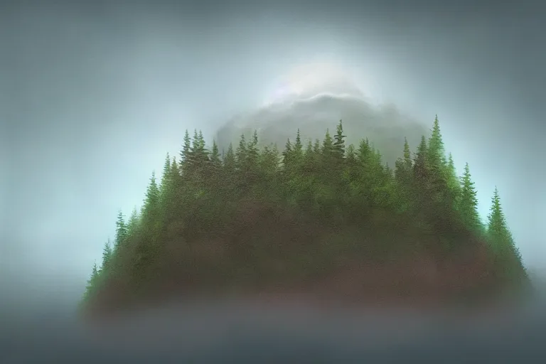 Prompt: mysterious floating island in the clouds above a forest, foggy, digital painting