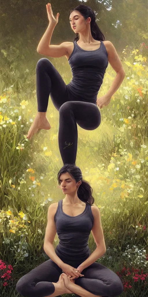 Prompt: a beautiful intricate oil paint of dark haired girl in yoga pants sitting in a garden doing a sun yoga pose, highly detailed, digital painting, artstation, concept art, matte, sharp focus, 3 d, octane render, well rendered, art by artgerm, by greg rutkowski, by alphonse mucha