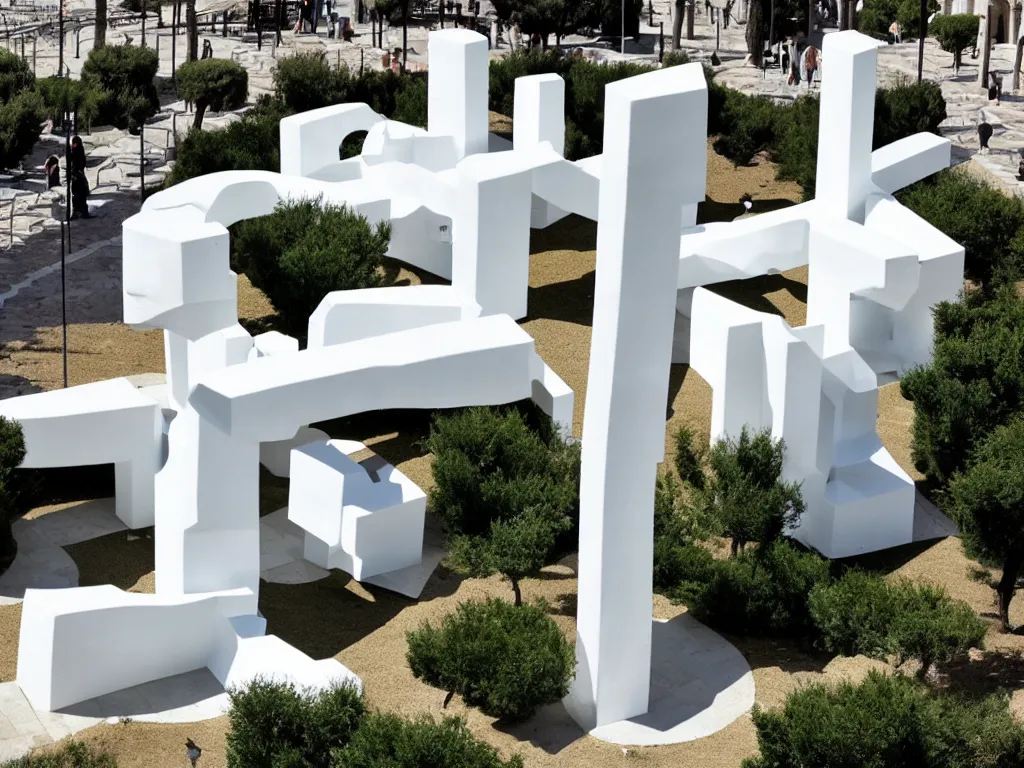 Prompt: huge white plastic sculpture by eduardo chillida on a mediterranean town square