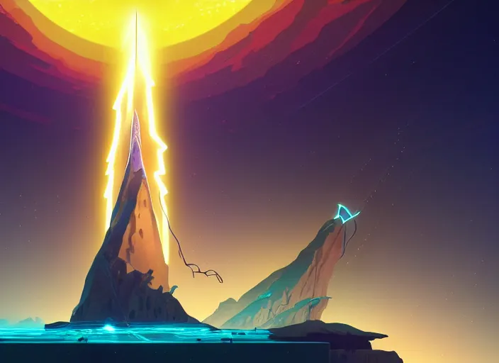 Image similar to a luminescent lightning sword in a lake by paolo eleuteri serpieri and tomer hanuka and chesley bonestell and daniel merriam and tomokazu matsuyama, unreal engine, high resolution render, featured on artstation, octane, 8 k, highly intricate details, vivid colors, vector illustration