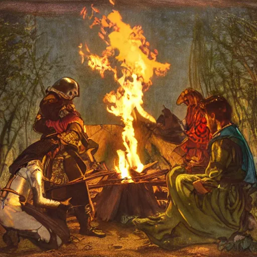 Image similar to a painting of medieval knights toasting marshmallows around the campfire in the style of howard pyle, arthur rackham, alphonse mucha, maxfield parrish. volumetric lighting. 8 k resolution. best detail. trending on artstation trending on deviantart