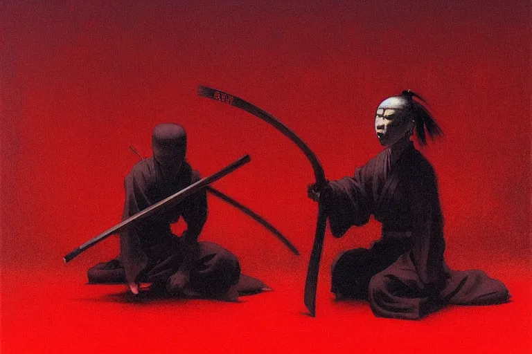 Image similar to only with red, a red samurai harakiri, tokio, a lot of frogs watch, in the style of beksinski, parts by edward hopper, parts by rodcenko, parts by yue minjun, intricate and epic composition, red by caravaggio, insanely quality, highly detailed, masterpiece, red light, artstation, 4 k