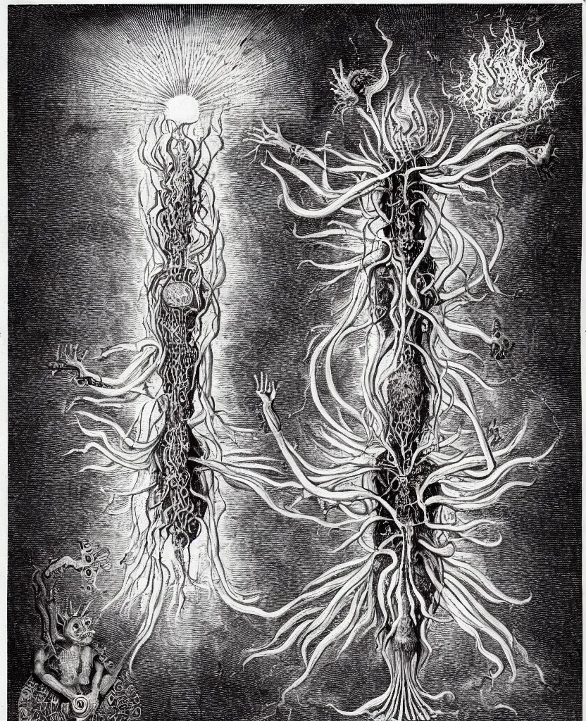 Image similar to fiery freaky creature sings a unique canto about'as above so below'being ignited by the spirit of haeckel and robert fludd, breakthrough is iminent, glory be to the magic within