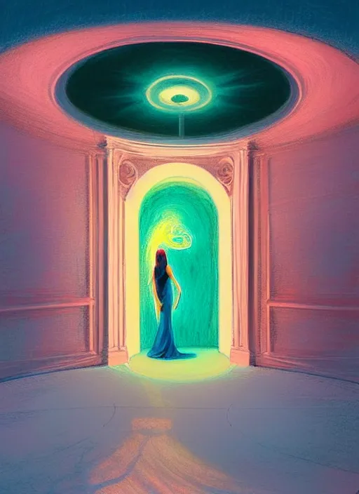 Prompt: a beautiful girl in front of an intricately detailed spiraling portal with a spiritual aura by john harris, by malcolm liepke, by steven wiltshire, by edward hopper, soft colorful pastel drawing by mary herbert ( fuzzy feeling of dreams and memories ), cinematic lighting