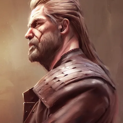 Image similar to portrait of a muscular, grim, ponytail haired blonde man in his late 30's, wearing a thick brown leather coat, looking to his side, scarred face, blue eyes, hunter, DnD character, fantasy character, dramatic lighting, digital art by Ruan Jia, Krenz Cushart, Rossdraws and Boris Vallejo