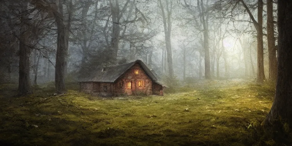 Image similar to a painting of a close up of a single cottage in the woods and empty woods, 8k, fantasy, hyper realistic, atmospheric lighting, cinematic