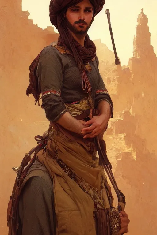 Prompt: A full portrait of an ancient arabian scout, intricate, elegant, highly detailed, digital painting, artstation, concept art, smooth, sharp focus, illustration, art by Krenz Cushart and Artem Demura and alphonse mucha