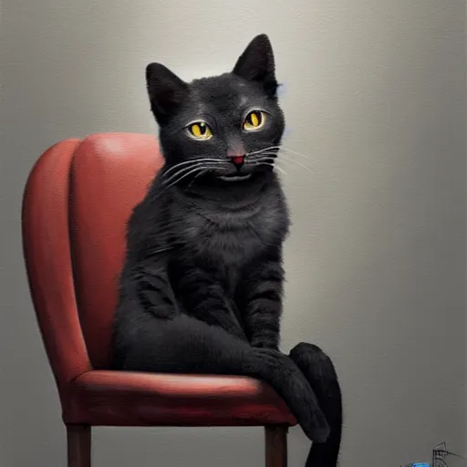 Image similar to anthropomorphic cat sitting in a chair using a laptop, painting, by greg rutkowski and igor kieryluk, photo realistic, dynamic lighting, artstation, poster, volumetric lighting, very detailed face, 8 k, award winning