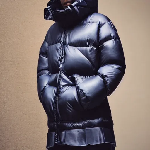 Image similar to realistic photoshooting for a new balenciaga lookbook color film photography close up portrait of a beautiful woman model, model wears a puffer jacket, photo in style of tyler mitchell, ssense