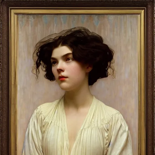 Prompt: a realistic face portrait of a teenage girl who looks lie Uma Thurmond and Anya Taylor Joy with an anxious expression and parted lips, wearing a nightgown, by Frederic Leighton, Alphonse Mucha, Edward Burne Jones