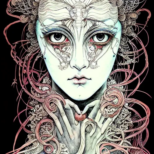 Image similar to prompt: Mysterious girl face painted in William Blake style drawn by Vania Zouravliov and Takato Yamamoto, intricate oil painting, high detail, Neo-expressionism, post-modern gouache marks on the side, gnarly details soft light, white background, intricate detail, intricate ink painting detail, sharp high detail, manga and anime 2000