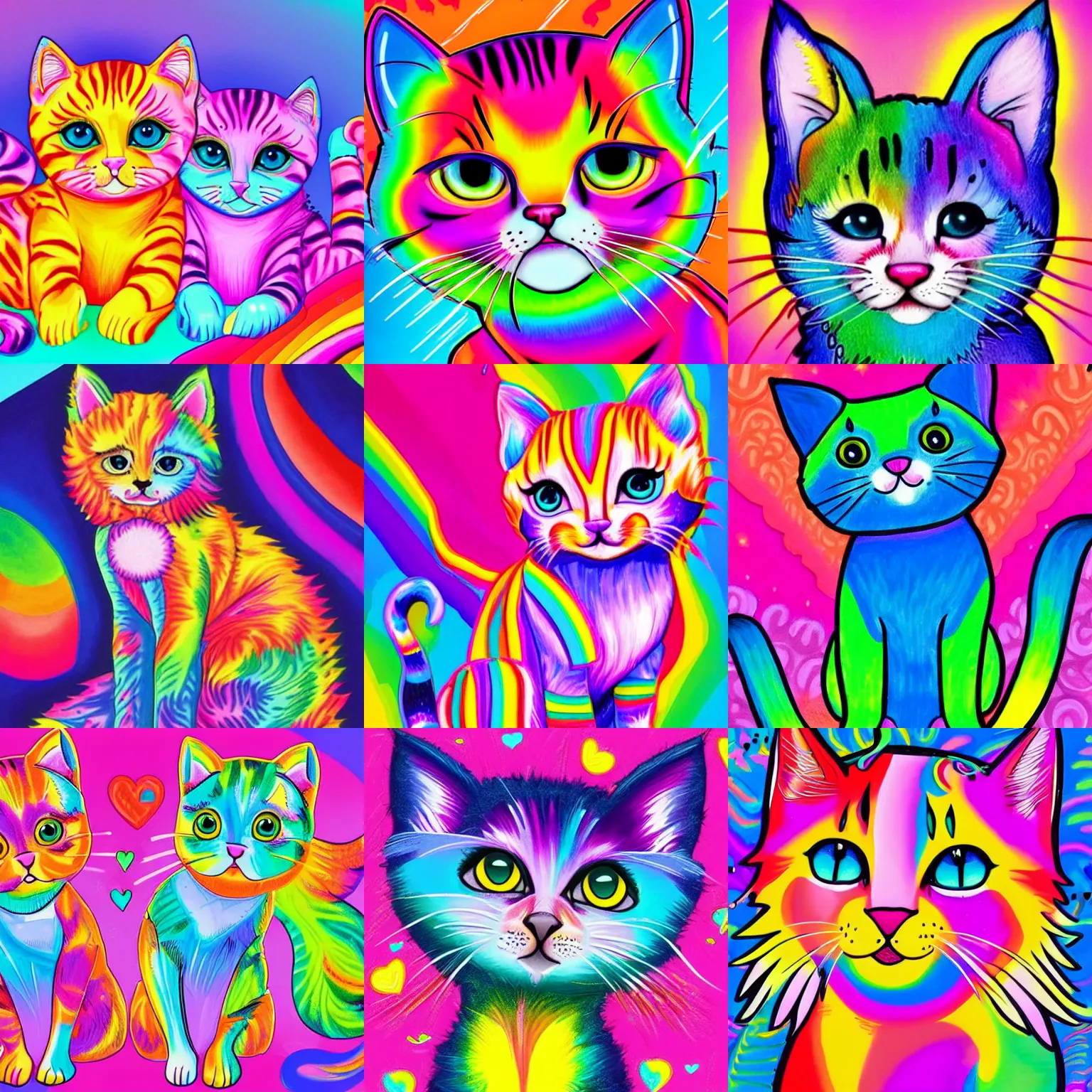 Prompt: Colorful kittens drawing in the style of Lisa Frank, vivid color, rainbow theme, ultra detailed, Artstation trending