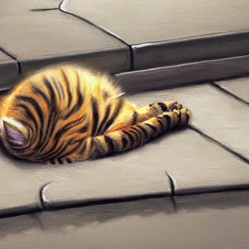 Image similar to a realistic painting of a cat sleeping on a sidewalk at night highly detailed trending on art station