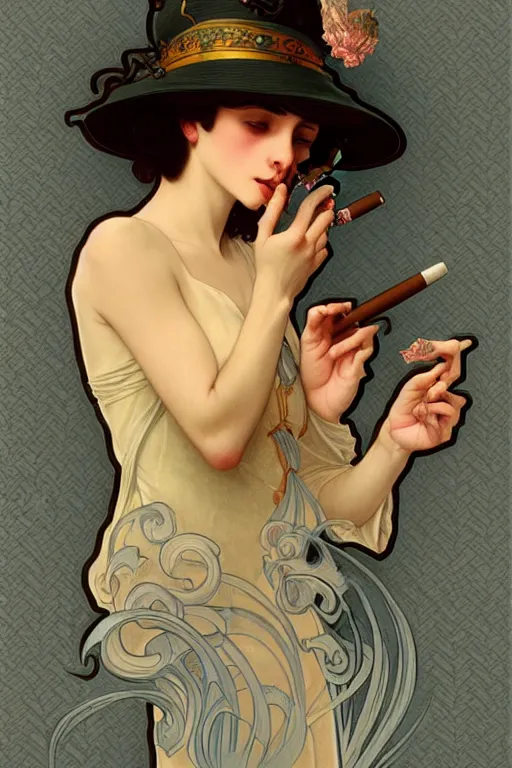 Image similar to Sad woman smoking a gigarette, wearing hat made of smoke and ashes, fantasy, intricate, elegant, highly detailed, digital painting, artstation, concept art, smooth, sharp focus, illustration, art by alphonse mucha and victor vasarely