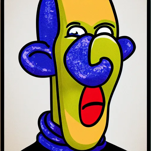 Image similar to cartoon style, strong chin, big lips, handsome squidward portrait, vivid colors