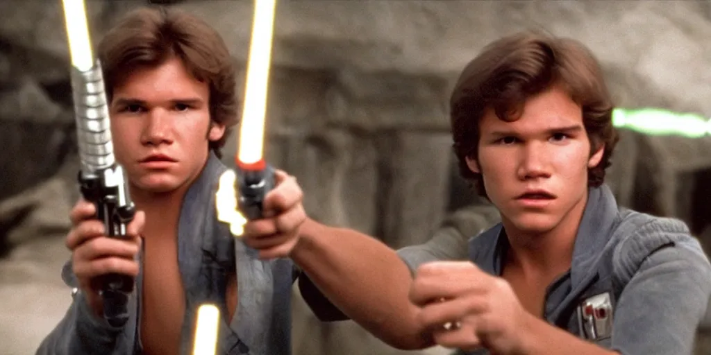 Image similar to a full color still of a teenaged Han Solo holding a lightsaber hilt during a sci-fi battle, cinematic lighting, 1999, directed by Steven Spielberg, 35mm