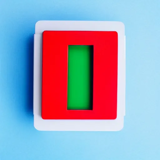 Prompt: red box on a blue box under a green box on a white background, studio