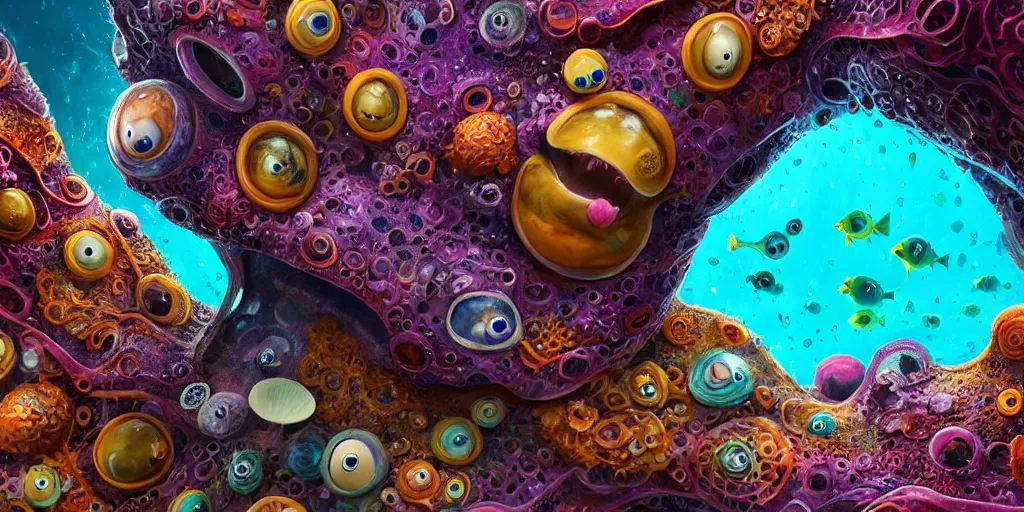 Image similar to of an intricate sea reef with strange cute friendly happy creatures with huge eyes, mouth, long tongue, round teeth and goofy face, appearing from the background, in the style of gehry and gaudi, macro lens, shallow depth of field, ultra detailed, digital painting, trending artstation, concept art, illustration, cinematic lighting, photorealism, epic, octane render