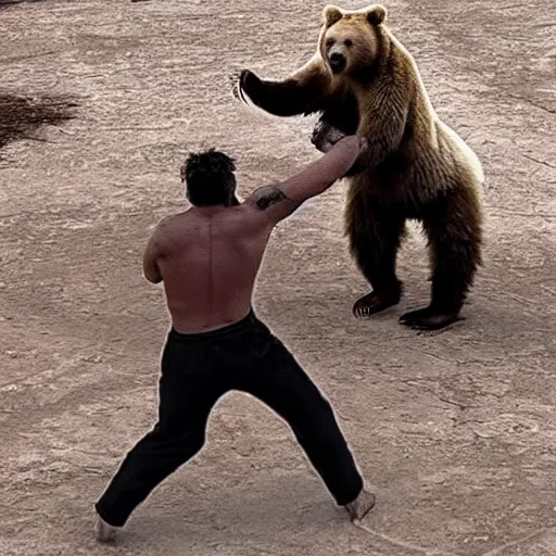 Prompt: mma fighter vs huge grizzly bear, pay per view fight