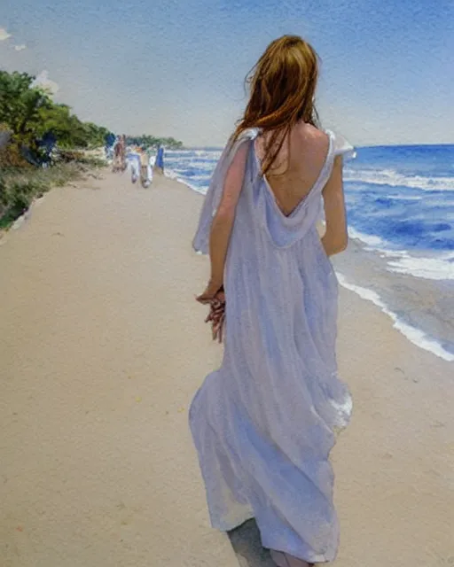 Image similar to a photorealistic watercolor of a woman with translucent white dress walking by the beach, by Steve Hanks, highly detailed and realistic, intricate HD, emotional realism