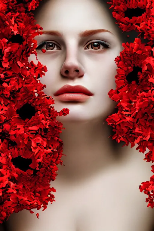 Prompt: hyperrealism close-up portrait of thousands red flowers merged with with two sisters melting cyborg medieval female, microchips, pale skin, wearing dark silk, in style of classicism