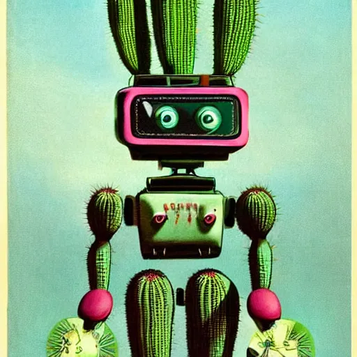 Image similar to a 1950s retro 3D Cactus robot, with space above the head. Bionic cacti Arms and eyes. subject in shot pop surrealism muted colours. by Jean-Baptiste Monge, wide shot