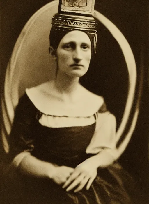 Image similar to portrait of young woman in renaissance dress and renaissance headdress, art by eugene atget