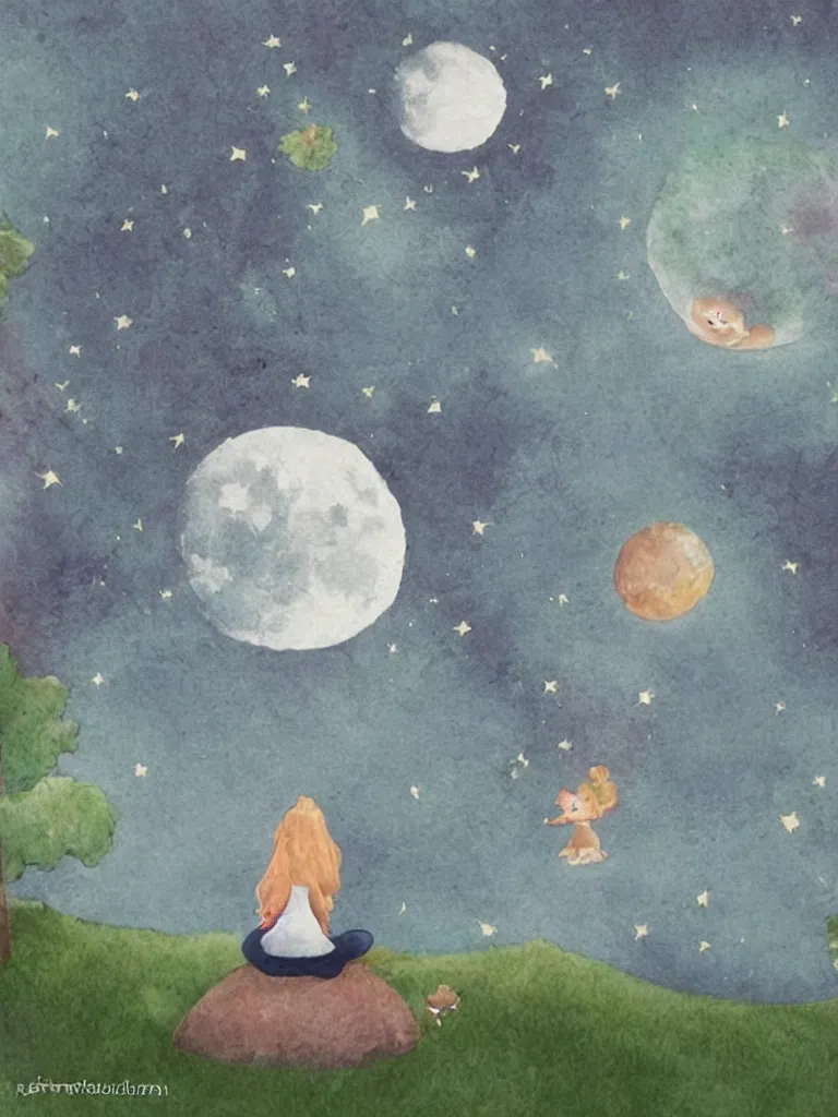 Prompt: sitting in the moon by storybook artists, blunt borders, rule of thirds, soft light, whimsical!!