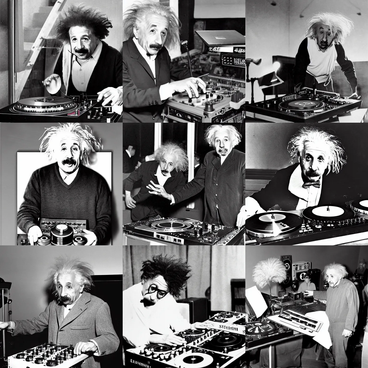 Prompt: Einstein DJing with DJ turntables, photoreal