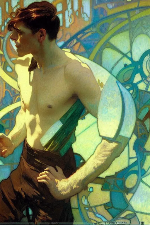 Image similar to attractive man, futurism, painting by gaston bussiere, craig mullins, greg rutkowski, alphonse mucha