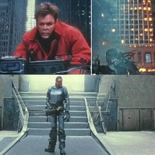 Image similar to Environment = Detroit 1987, only one cop part man part machine can stand up to crime - Cyborg Cop, Character = Cyborg Cop who is a cybernetic organism part human part machine, all justice, Style = Ultra Realistic, VHS film, Total Recall, Das Boot, Starship Troopers, cinematography by Jost Vacano, Composure = Establishing shot, Exterior Shot, Cinematic Film, 4k