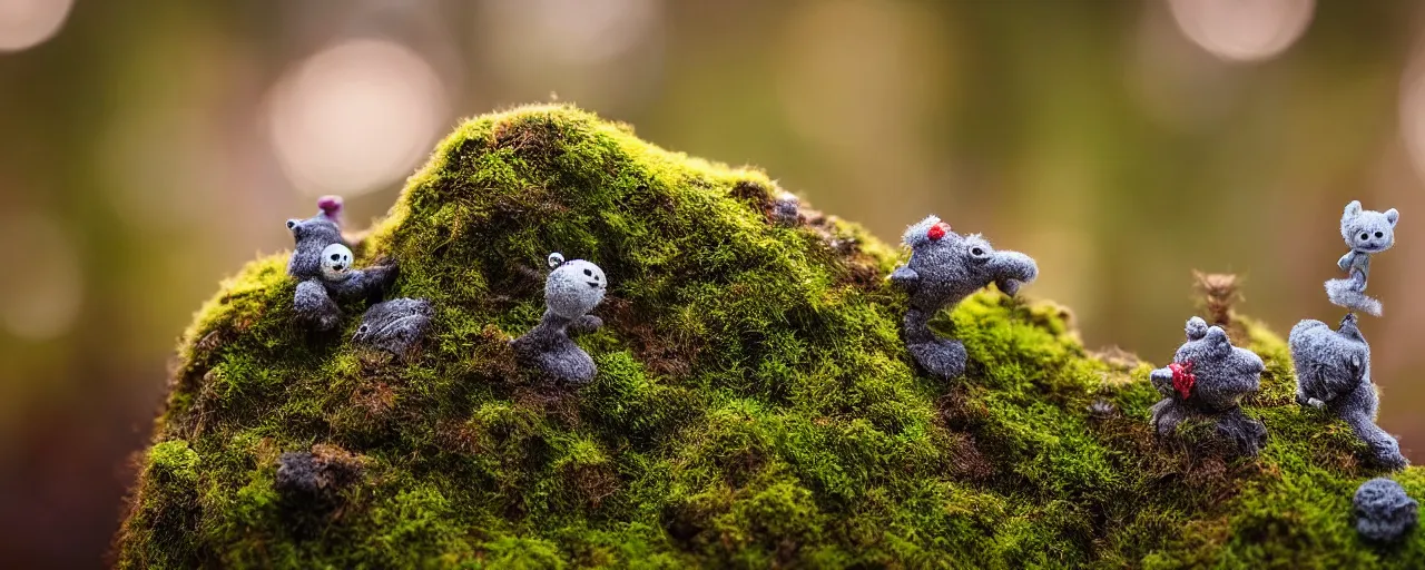 Image similar to tiny cute mossy forest creatures by bobby chiu, at sunset, macro photography, goro fujita, cute, adorable, cinematic