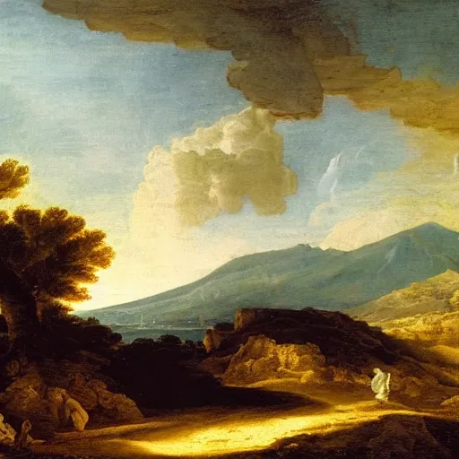 Prompt: a volcano seething, ethereal landscape, lamborgini, claude lorrain pastoral landscape