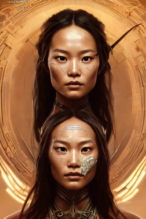 Prompt: symmetry!! portrait of jamie chung in the style of god of war, machine parts embedded into face, intricate, elegant, highly detailed, digital painting, artstation, concept art, smooth, sharp focus, illustration, art by artgerm and greg rutkowski and alphonse mucha, 8 k