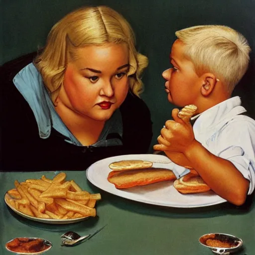 Image similar to painting of a boy with blonde hair watching an obese woman pray before she eats her hamburger, set in a diner, 1950’s, highly detailed, by Norman Rockwell,