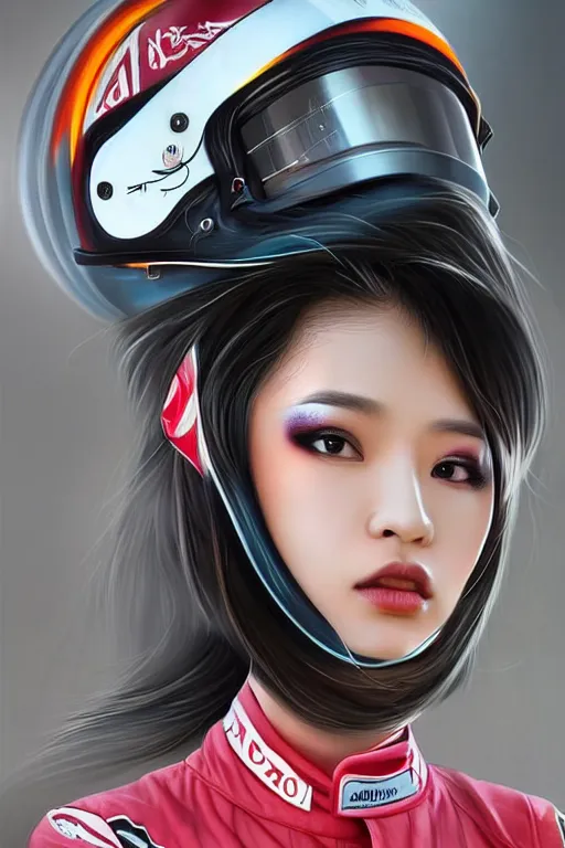 Prompt: portrait beautiful asian female formula one racer, wearing formula one racer uniform, at formula one racing car repair room, ssci-fi, fantasy, intricate, very very beautiful, elegant, human anatomy, neon light, highly detailed, digital painting, artstation, concept art, soft light, smooth, sharp focus, illustration, art by Brook Shaden and tian zi and alphonse mucha