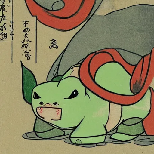 Prompt: Bulbasaur in ancient Japan, painting, old Japanese style